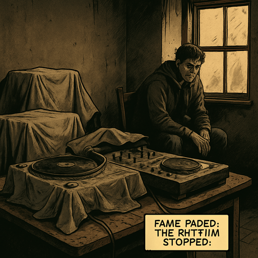 Realistic comic book scene, 2048x2048. Interior of a dusty room with DJ gear covered and unused. Noah sits in the background, partially hidden in shadow, melancholic lighting. Include a small narrator box at the bottom-right corner with the text: "Fame faded. The rhythm stopped.".
In-Game asset.  2d.  High contrast.  No shadows