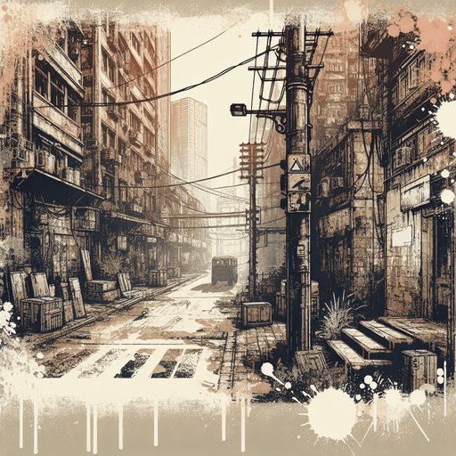 background of an abandoned street.
Single Game Texture. In-Game asset. 2d. Blank background. High contrast. No shadows.