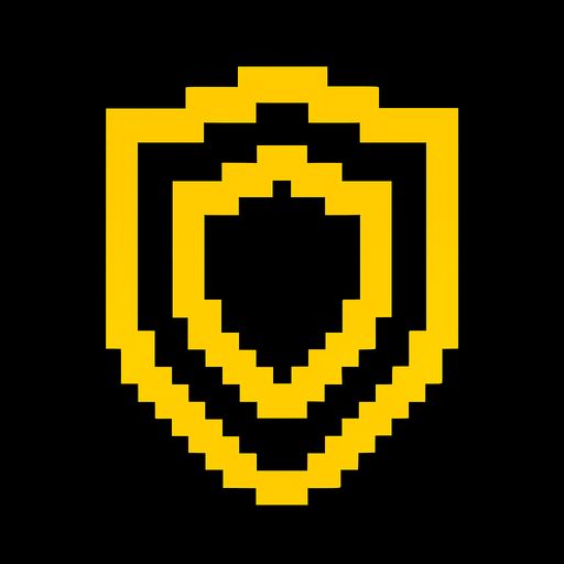 Símbolo de escudo pixelado con pixeles amarillos.
In-Game asset.  2d.  High contrast.  No shadows