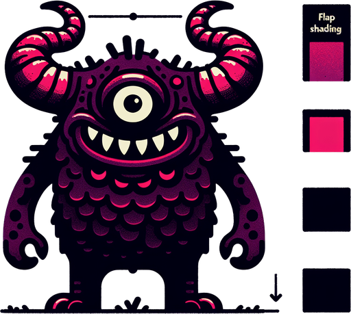 monster in flat shading style. Monster has chopped off horns and has lazy eye with scary teeth. think black borders
Single Game Texture.  In-Game asset.  2d.  Blank background.  High contrast.  No shadows