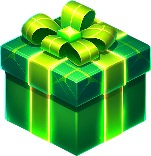 Christmas gift with glowing green wrapping paper Single Game Texture. In-Game asset. 2d. Blank background. High contrast. No shadows.