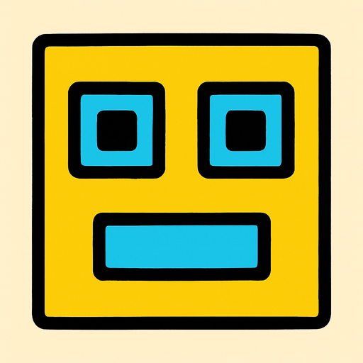 un cuadrado amarillo con ojos cudrados celestes y boca celeste rectangular.
In-Game asset.  2d.  High contrast.  No shadows
