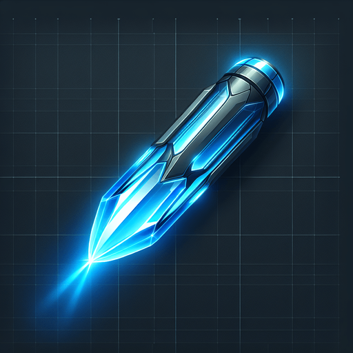 A 2D top-down view of a futuristic energy bullet for a space shooter game. The bullet is a glowing blue plasma projectile with a sleek, elongated shape and a slight energy trail behind it. The design is simple, bright, and high-speed-looking, suitable for fast-paced shooting gameplay.
Single Game Texture.  In-Game asset.  Blank background.  High contrast.  No shadows