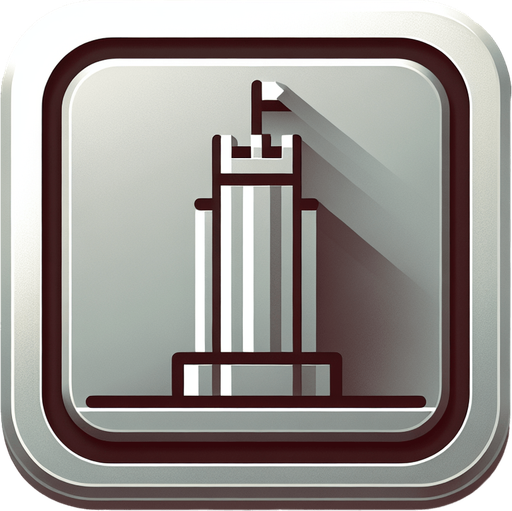 A square metal button with the image of a tower. Single Game Texture. In-Game asset. 2d. Blank background. High contrast. No shadows.