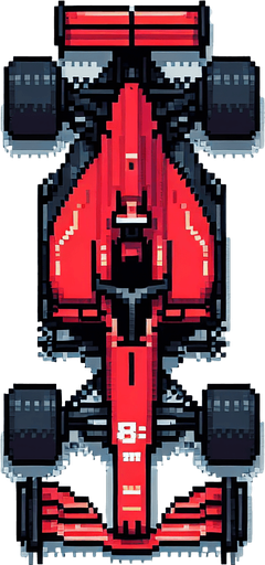 Piksel sanatı formula arabası kırmızı kuş bakışı.
Single Game Texture.  In-Game asset.  2d.  Blank background.  High contrast.  No shadows