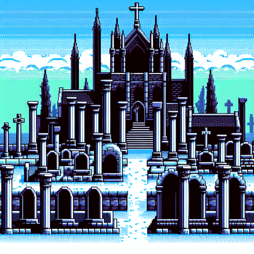 A pixel art large background in a Super Nintendo, Super Castlevania style with an open world like cemetery, 3/4 viewpoint
 
Single Game Texture. In-Game asset. 2d. Blank background. High contrast. No shadows.