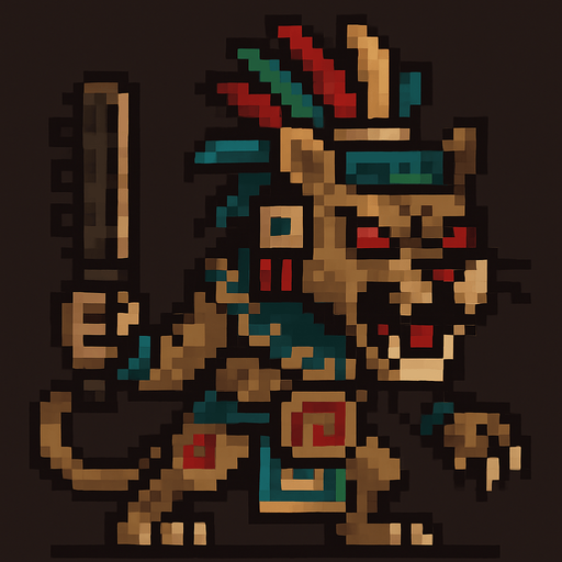 Genérame una Puma guerrero azteca con eso patrones, estilo pixelar, con una apariencia maligna, ojos rojos, rabioso. Unidad cuerpo a cuerpo. Animal.
In-Game asset.  2d.  High contrast.  No shadows