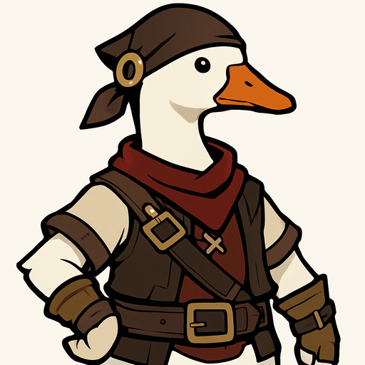 Emden Goose in Outfit of Treasure Hoarders.
In-Game asset.  2d.  High contrast.  No shadows
