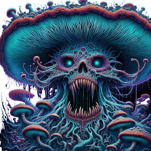 Emerging from the shadows of a twisted, nightmarish landscape, the Psychedelic Nightmare Mushroom Monster is a creature of both mesmerizing beauty and utter terror. Its grotesque form is a tangled amalgamation of flesh and fungi, with its body covered in pulsating, bioluminescent mushrooms that emit an eerie, shifting spectrum of psychedelic colors.

Its head is a nightmarish, oversized mushroom cap, with gnarled, root-like tendrils hanging down, twitching like sentient vines. Hollow, glowing eyes peer out from beneath the cap, radiating an unsettling, otherworldly light that pierces the darkness. A wide, malicious grin stretches across its face, revealing rows of jagged, yellowed teeth that seem to drip with toxic spores.

The creature's limbs are elongated and sinewy, ending in twisted, claw-like fingers that dig into the ground with each step. Its movements are erratic, a haunting dance of jerks and spasms, as if it is being controlled by some unseen force. As it prowls through the.
Single Game Texture. In-Game asset. 2d. Blank background. High contrast. No shadows.