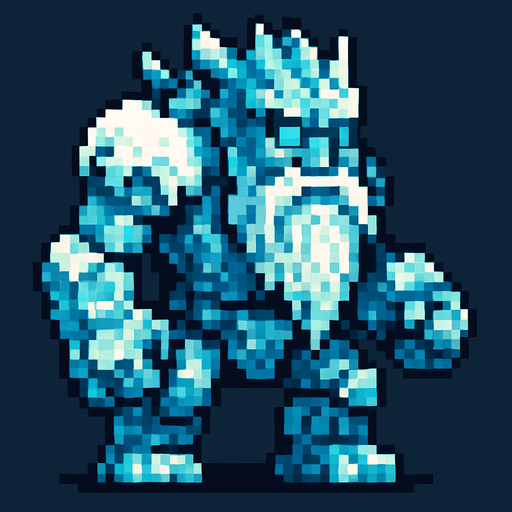 buz golemi (sakalıı buz güzlü  kar gibi yerleri olan ama buz olan yerleride olan ) pixel art bide.
In-Game asset.  2d.  High contrast.  No shadows