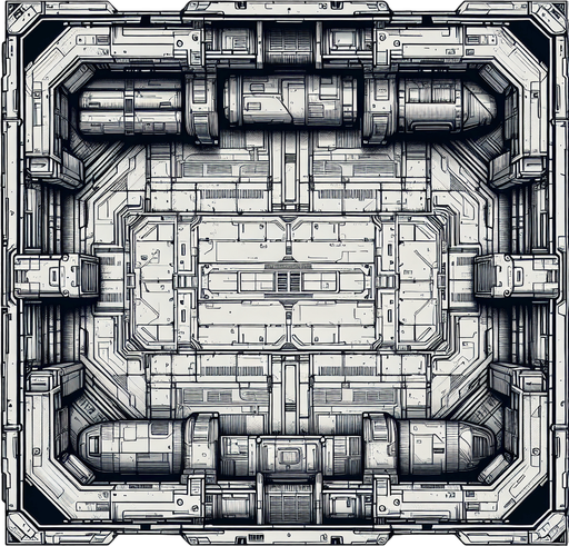 Create the top down view of what it would look to be inside of a very dark space ship's empty cargo bay..
Single Game Texture. In-Game asset. 2d. Blank background. High contrast. No shadows.