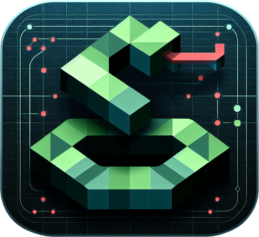 A square app store icon with rounded edges, designed for a hacking game about connecting a line. The icon features a highly angular, pixelated snake-like line in bright green, built from sharp, connected shapes aligned perfectly within a square grid. The snake's angular, segmented design conveys the strategic and technological theme of the game.

The background is a subtle dark gradient, transitioning from deep grey to black, with faint grid lines barely visible to suggest a digital environment. Scattered subtly in the background are tiny red dots, representing bugs, blending seamlessly into the design without overpowering the focus on the snake. The overall look is clean, modern, and sharp, embodying the futuristic and technical essence of the game..
Single Game Texture. In-Game asset. 2d. Blank background. High contrast. No shadows.