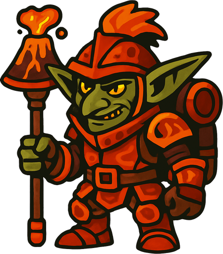 volkanik gezgini goblin.
In-Game asset.  2d.  High contrast.  No shadows