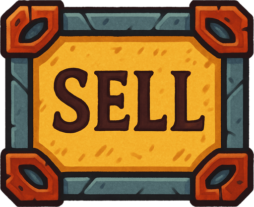 ortaçağ temalı buton üstünde SELL yazıyor.
In-Game asset.  2d.  High contrast.  No shadows
