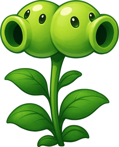 Forma general: Es una planta con un tallo central del que brotan hojas y, en la parte superior, tiene dos "cabezas" o vainas de guisante.

Color: Predomina un color verde claro brillante en todo el cuerpo de la planta, con algunas sombras que le dan volumen y realismo. Las hojas y el tallo son de un verde ligeramente más oscuro.

Cabezas/Vainas: Tiene dos vainas de guisante esféricas unidas, dispuestas una al lado de la otra. Cada una de ellas actúa como un cañón:

Orificios de disparo: Ambas vainas tienen una abertura frontal redonda y oscura, que es por donde disparan los guisantes.

Ojos: Cada vaina tiene dos pequeños ojos oscuros, similares a cuentas, que le dan una expresión curiosa o atenta.

Hojas: En la base de las vainas y a lo largo del tallo, hay varias hojas grandes y ovaladas de color verde oscuro, con nervaduras visibles.

Estilo artístico: La imagen tiene un estilo más renderizado y detallado que las ilustraciones típicas del juego, con un sombreado suave que le da una a.
In-Game asset.  2d.  High contrast.  No shadows