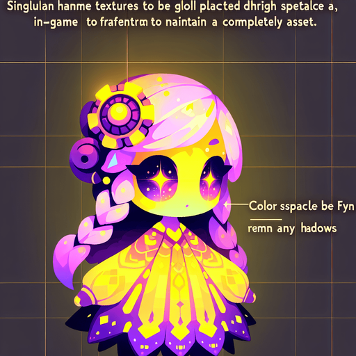 Doll fyn glowing yellow and purple.
Single Game Texture. In-Game asset. 2d. Blank background. High contrast. No shadows.