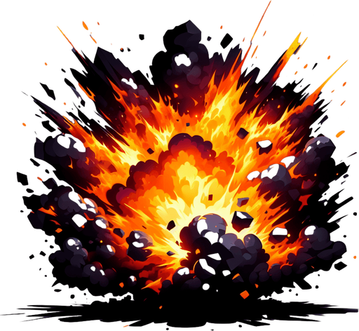 fire explode with piece of black steel.
Single Game Texture.  In-Game asset.  2d.  Blank background.  High contrast.  No shadows