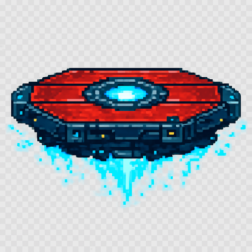 Mechanical floating platform, red metal surface with glowing energy core, sci-fi futuristic design, sleek metallic texture, blue energy particles or trails around edges, hovering effect, technological appearance with small lights or circuits, 2D pixel art style, side view, transparent background.
In-Game asset.  2d.  High contrast.  No shadows