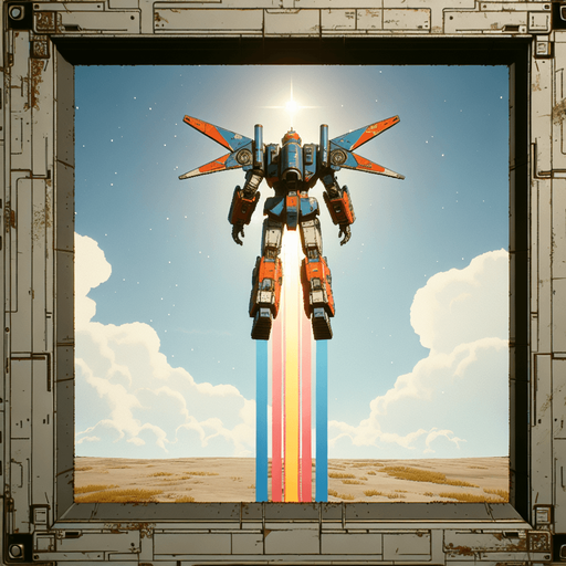 super robot facing upward and his back on screen flying.
Single Game Texture. In-Game asset. 2d. Blank background. High contrast. No shadows.