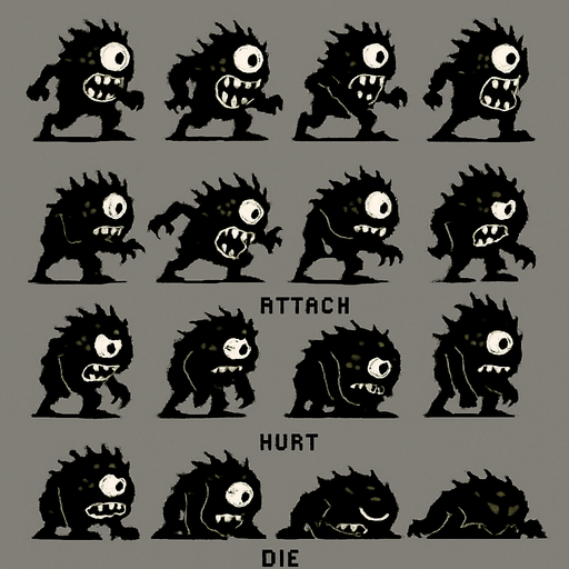 Sprite sheet of a monster enemy that has crucked teeth and a crazy eye. The sprite sheet has different frames of the enemy doing actions like run , attack , dodge, hurt and die..
High contrast