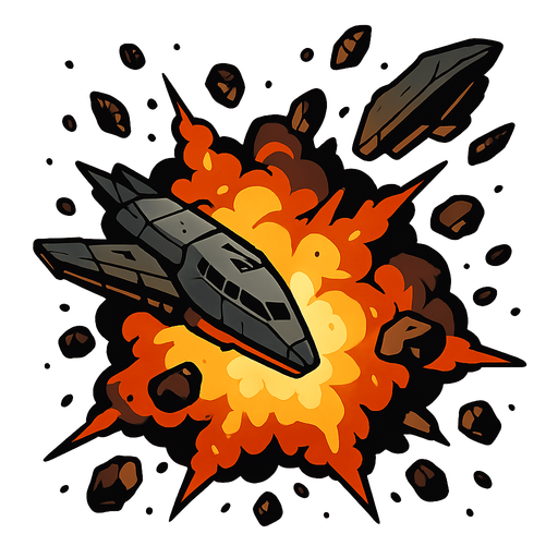 An explosion which contains debris of a spaceship.
In-Game asset.  2d.  High contrast.  No shadows
