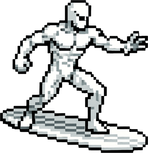 PİXEL ART SİLVER SURFER.
In-Game asset.  2d.  High contrast.  No shadows