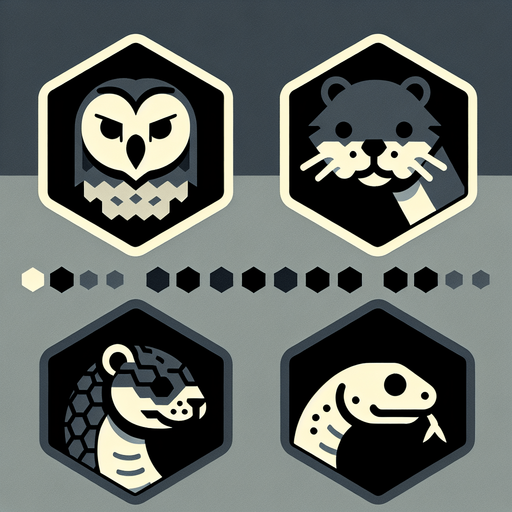 A sprite sheet for game icons featuring an owl, an otter and a snake. Hexagon icons featuring the head of animal. 
Single Game Texture. In-Game asset. 2d. Blank background. High contrast. No shadows.