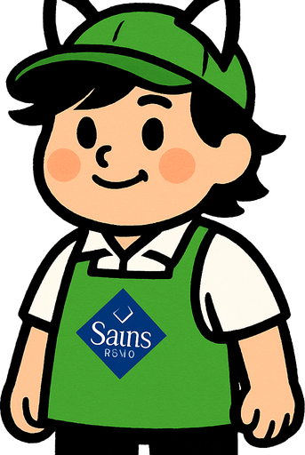 Es una trabajador de sams club, adorable, cabello un poco de emo, un poco cacheton y orejas de gatito en forma de diadema por encima de su gorra
 con gorra verde y mandil verde, playera polo blanca y pantalon negro.
In-Game asset.  High contrast.  No shadows