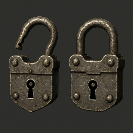 Old metal lock opened and closed.
In-Game asset.  3d.  High contrast.  No shadows