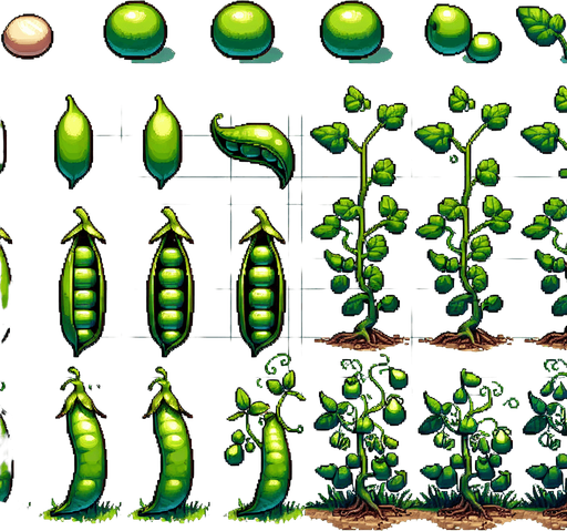 A spritesheet showing a pea plant in various stages of germantion, from pea over sapling and to full grown plant with ripe pea pods. The sprites should be laid out in a rectangular grid with blank space between them..
Single Game Texture. In-Game asset. 2d. Blank background. High contrast. No shadows.