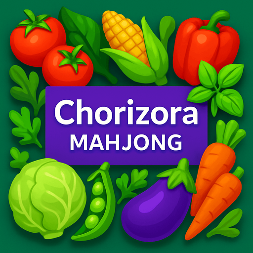 Mahjong game background of vegetables and plants, have text in the middle of it "Chorizora mahjong".
In-Game asset.  High contrast.  No shadows. 3D