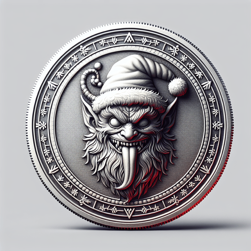 krampus with a christmas hat coin embossed on it png.
Single Game Texture. In-Game asset. 2d. Blank background. High contrast. No shadows.