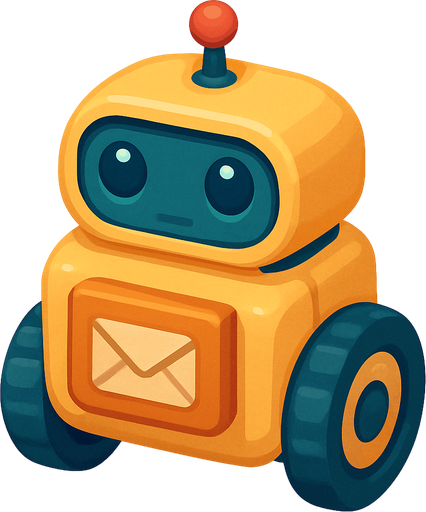 A mail delivery robot. Cute soft graphics. soft ambient light. semi-matte to satin surfaces. naturalistic with slight saturation boost colors. 
In-Game asset.  2d.  High contrast.  No shadows. top down.