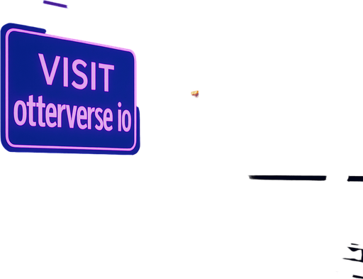 Render a futuristic skyline view from a glass-walled sky-bridge at twilight. Huge digital billboard outside declares ‘Visit otterverse.io’ in crisp neon lettering. Include passing hover-cars, floating particle effects, and a wet floor inside reflecting the lights—no characters or coins..
In-Game asset.  2d.  High contrast.  No shadows