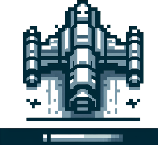Spaceship with 1 cannon facing upwards.
Single Game Texture. In-Game asset. 2d. Blank background. High contrast. No shadows. Pixelated.