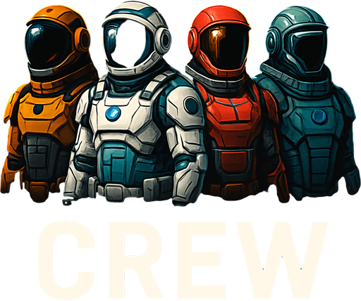 Uzay temalı Spaceship Crew, gerçekçi, Altında "crew" yazsın.
In-Game asset.  High contrast.  No shadows