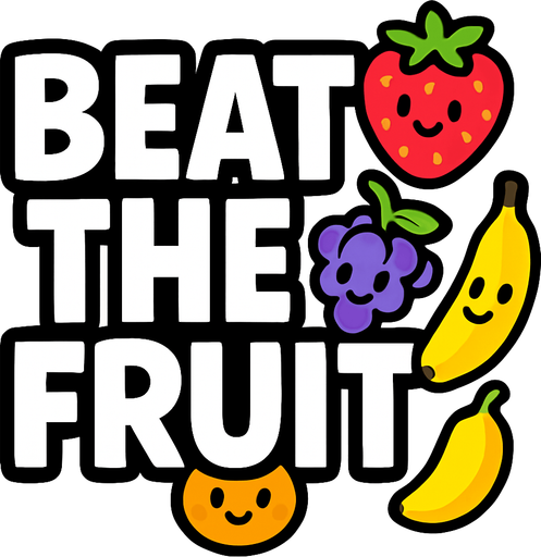 "Beat the Fruit" titulo para el juego, muestra las letras en grande blancas con un borde negro y sin fondo, con algunas frutitas felices junto a las letras.
In-Game asset.  2d.  High contrast.  No shadows
