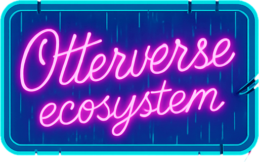Create a rain-drenched neon alleyway with steam vents, flickering holoboards, and damp metal grates. One giant animated billboard reads ‘Otterverse ecosystem’ in glowing script. Include scattered cables, occasional sparks, and puddles that mirror the vibrant magenta and teal lights—character-free and coin-free..
In-Game asset.  2d.  High contrast.  No shadows