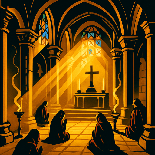 A golden medieval temple with wide columns, sun shining through stained glass, incense rising, pilgrims praying in silence.
In-Game asset.  2d.  High contrast.  No shadows