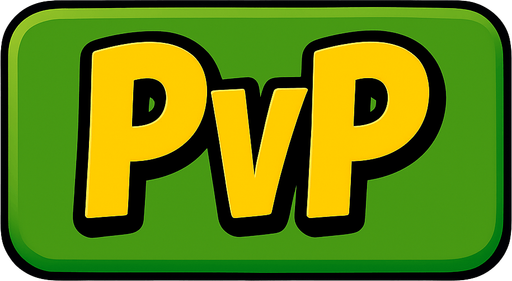A 3:2 ratio rectangular green button that says “PvP” using this yellow font.