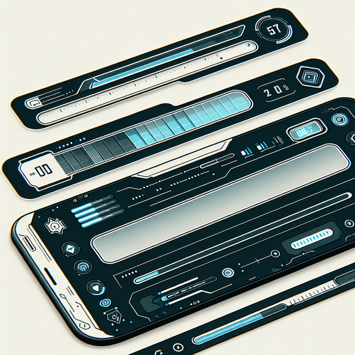 A 2D top UI bar for a mobile phone interface, designed with a futuristic aesthetic. The bar is flat and minimalistic, stretching horizontally across the top of the screen. On the right side, a simple battery icon is displayed, filled to indicate the charge level. The rest of the bar features small, clean icons for signal strength, Wi-Fi, and notifications, along with a digital clock in a modern, futuristic font. The design is clean and functional, with subtle accents like soft blue highlights to give it a slightly futuristic feel while keeping it simple and UI-focused..
Single Game Texture. In-Game asset. 2d. Blank background. High contrast. No shadows.