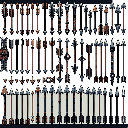 A spritesheet showing a number of different medieval or viking age arrows.
Single Game Texture. In-Game asset. 2d. Blank background. High contrast. No shadows.