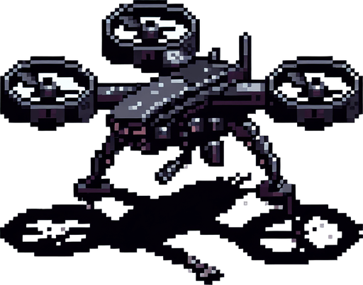 front image a 8 bit battle enemy black scifi quadcopter  drone.
Single Game Texture.  In-Game asset.  2d.  Blank background.  High contrast.  No shadows