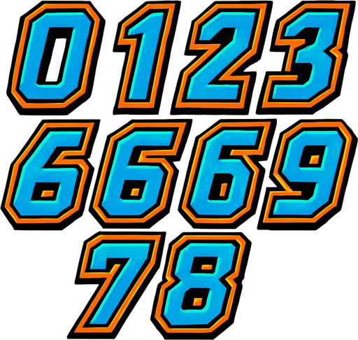 Display icons of Numbers 0 to 9 in SciFi comic style font.
In-Game asset.  2d.  High contrast.  No shadows