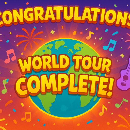 A bright and colorful 2D cartoon-style “Congratulations” screen for a mobile music game. The background should feature festive elements like fireworks, sparkles, confetti, and a glowing Earth or map. At the center, include a large golden text that says “World Tour Complete!” or “You’re a Sound Explorer Master!” in playful, bold font. The scene should feel rewarding and musical, with subtle music notes or instrument icons around the background. Export as a wide 1920x1080 PNG, with no UI buttons or overlays..
In-Game asset.  2d.  High contrast.  No shadows