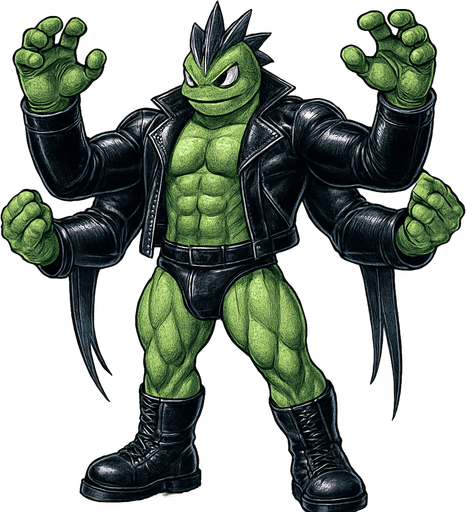 man Cyberpunk manga, four armed monster hunk, shiny black leather biker jacket longsleeves shirtless muscles, jockstrap combat boots, Background removed, "Full-body character, entirely in frame, no cropping of face, head, or feet" "Complete character visible, from head to toe, fully centered in the image" "Entire character, including face and boots, fully within the frame" Character fully contained within a square frame, no edges cut off idle pose