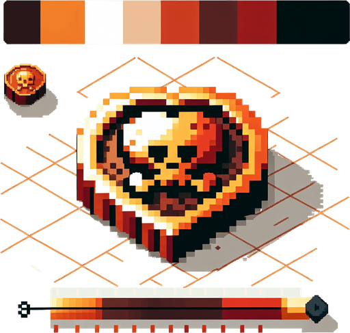 isometric doubloon copper coin icon featuring a skull. shaped like a heart. pirate themed. pixelated. 8 bit..
Single Game Texture. In-Game asset. 2d. Blank background. High contrast. No shadows.