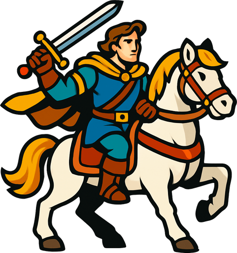 a hero man on the horse character image.
In-Game asset.  2d.  High contrast.  No shadows
