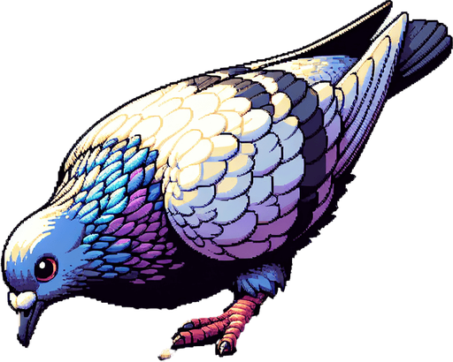 A pigeon pecking at the ground..
Single Game Texture.  In-Game asset.  2d.  Blank background.  High contrast.  No shadows