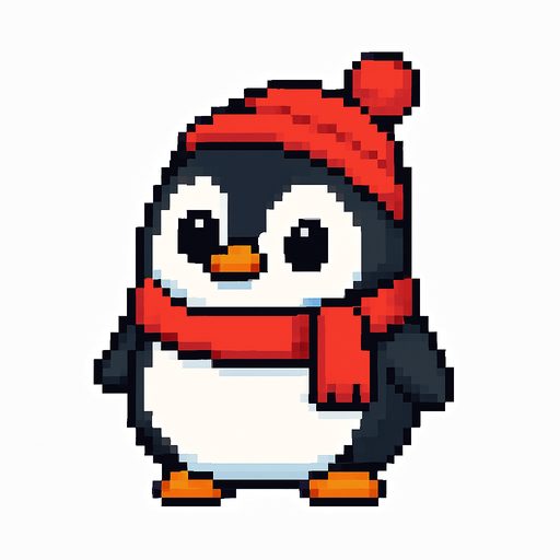 El pingüino debe ser un personaje tierno y redondeado, con cuerpo negro y blanco bien definido, picos y patas naranjas, y ojos grandes y expresivos que transmitan simpatía; puede llevar una bufanda roja o gorrito invernal como detalle extra, y debe tener una animación suave de balanceo lateral o parpadeo para darle vida; el estilo debe ser pixel art limpio, con trazos simples y colores vivos, y el fondo transparente para que se integre perfectamente en un juego casual y alegre.
In-Game asset.  2d.  High contrast.  No shadows